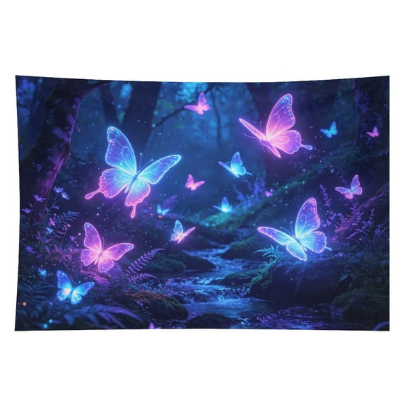 Neon Butterfly Tapestry, Glowing Enchanted Forest Wall Hanging, Magical Blue Purple Fantasy Butterflies Art Tapestry, Aesthetic Night Sky Stream Backdrop for Girls Bedroom, 90x60in