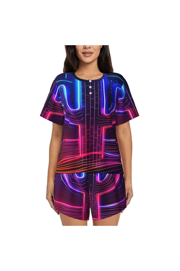 Neon Cactus Desert (11) Womens Pajamas Short Set Soft Short Sleeve Sleepwear Button Down Pjs Set with Pockets S XXL Small