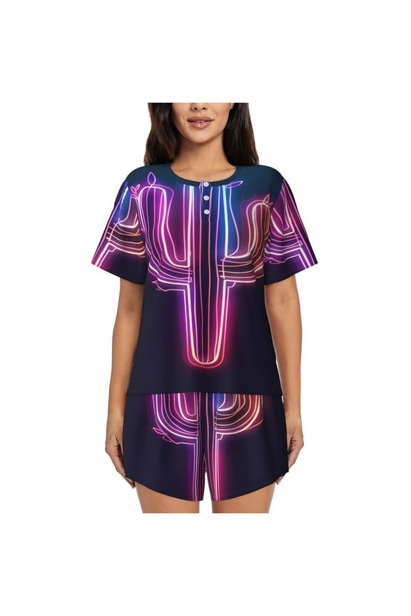 Neon Cactus Desert (13) Womens Pajamas Short Set Soft Short Sleeve Sleepwear Button Down Pjs Set with Pockets S XXL Small