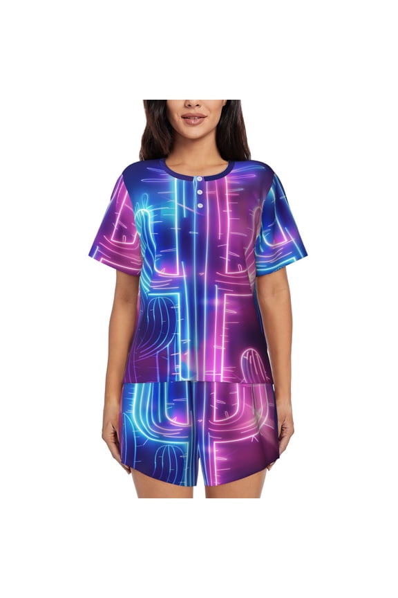 Neon Cactus Desert (15) Womens Pajamas Short Set Soft Short Sleeve Sleepwear Button Down Pjs Set with Pockets S XXL Small