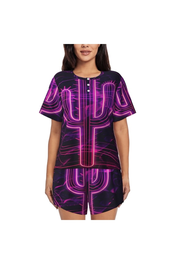 Neon Cactus Desert (6) Womens Pajamas Short Set Soft Short Sleeve Sleepwear Button Down Pjs Set with Pockets S XXL Large