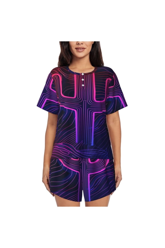 Neon Cactus Desert (7) Womens Pajamas Short Set Soft Short Sleeve Sleepwear Button Down Pjs Set with Pockets S XXL Large