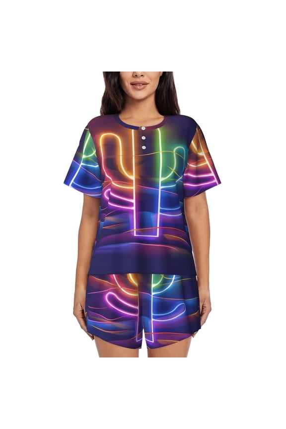 Neon Cactus Desert (8) Womens Pajamas Short Set Soft Short Sleeve Sleepwear Button Down Pjs Set with Pockets S XXL Medium