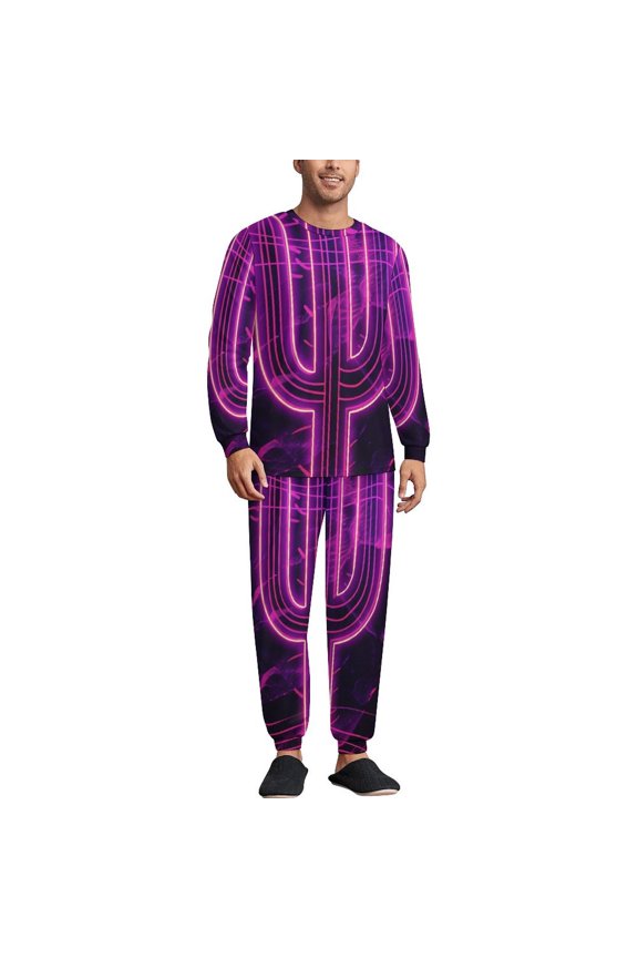 Neon Cactus Desert Men's Pajama Set Sleepwear Pjs Lightweight Long Sleeve Crewneck Shirts and Bottoms Soft Comfy Sleep Sets 3XL