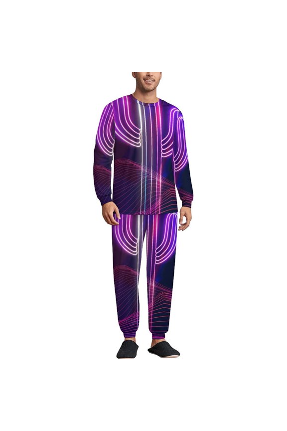 Neon Cactus Desert Men's Pajama Set Sleepwear Pjs Lightweight Long Sleeve Crewneck Shirts and Bottoms Soft Comfy Sleep Sets 3XL