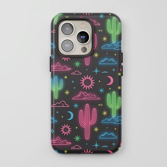 Neon Cactus For All iPhone Series Tough Phone Case Desert Art Black