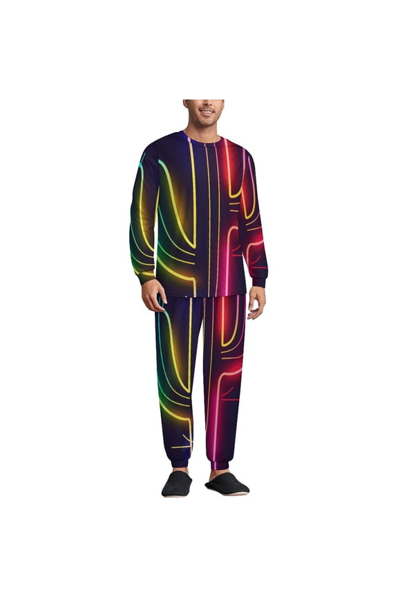 Neon Cactus Men's Pajama Set Sleepwear Pjs Lightweight Long Sleeve Crewneck Shirts and Bottoms Soft Comfy Sleep Sets 2XL