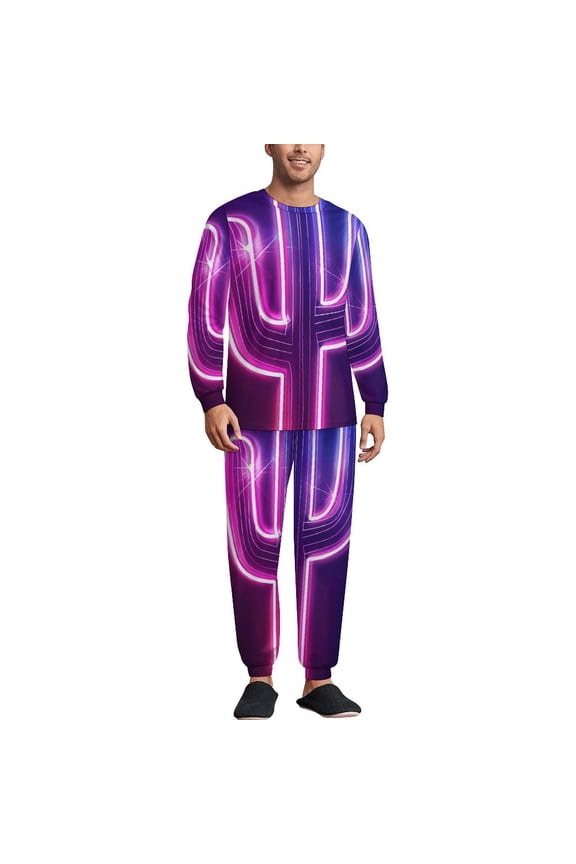 Neon Cactus Men's Pajama Set Sleepwear Pjs Lightweight Long Sleeve Crewneck Shirts and Bottoms Soft Comfy Sleep Sets XS