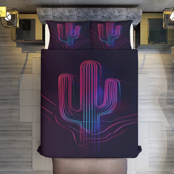 Neon Cactus Quilt Cover Set Fashionable Printed Bedding Covers with Pillowcase Home Textiles, Queen (90"x90")