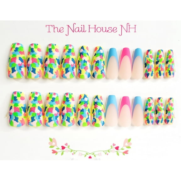 Neon Camo Matte Coffin Press-on Nails by The Nail House NH - 24 Pieces