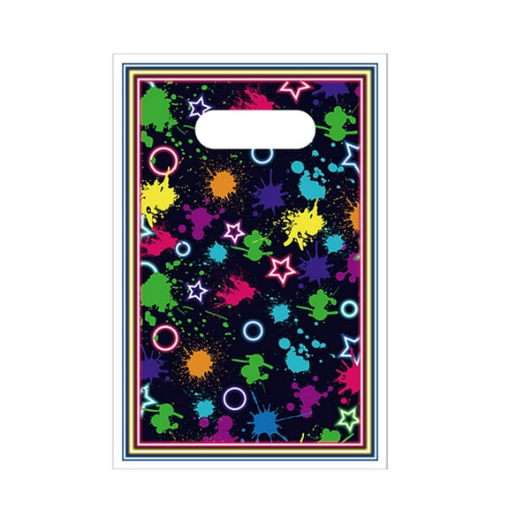 Neon Candy Bags Let's Glow in The Dark Goodie Bag Bulk Plastic Treat Gift Wrap with Handles for Retro 80's 90's Birthday Party Favor Decoration