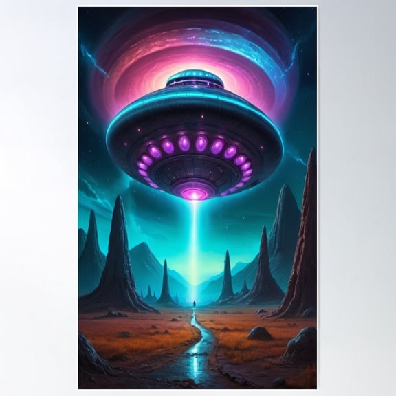 Neon Canyon Encounter - Ufo Art Poster Wall Art, Modern Wall Decor For Living Room Bedroom, 24x36 UNFRAMED