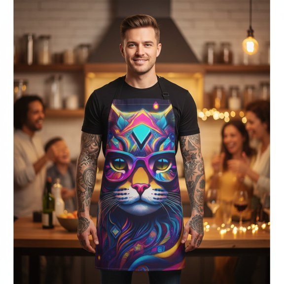 Neon Cat Chef Apron Colorful Sunglasses Cat Kitchen Apron Stain-Resistant - Art Print Canvas Apron