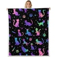 thumbnail image 1 of Neon Cat Fleece Blanket Lovely Glowing Kitten Sherpa Blanket, Cute Kawaii Blanket Starry Sky Throw Blanket for Sofa, Gradient Paws Flannel Blanket Cartoon Animal Themed Room Decor, Black, 1 of 6