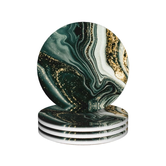 Swirls Marble Drink Coasters, Green Marbling Mug Coaster Mat Set 4 for Coffee Table Home Living Room Decor