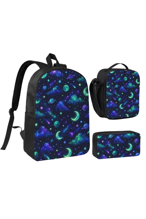 Neon Celestial Galaxy Backpack Set 3pc Including Backpack, Lunch Bag and Pen Bag Combination