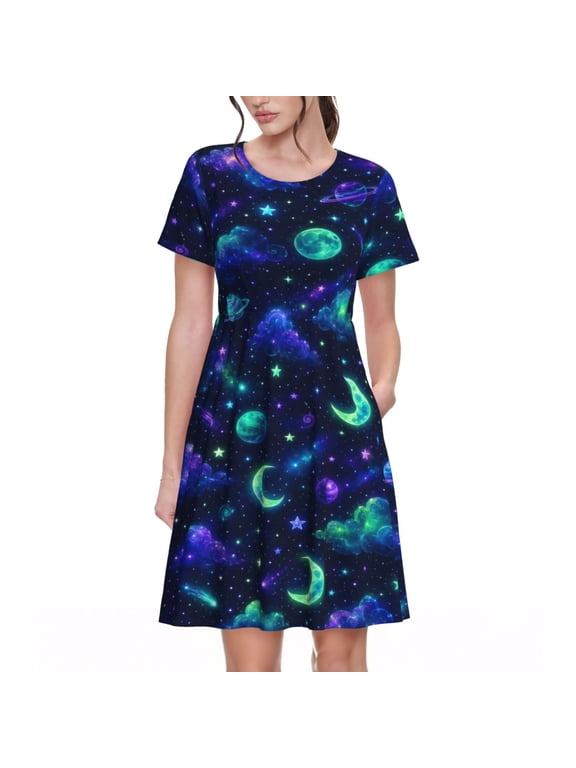 Neon Celestial Galaxy Dresses Short Sleeve Nightdresses for Women