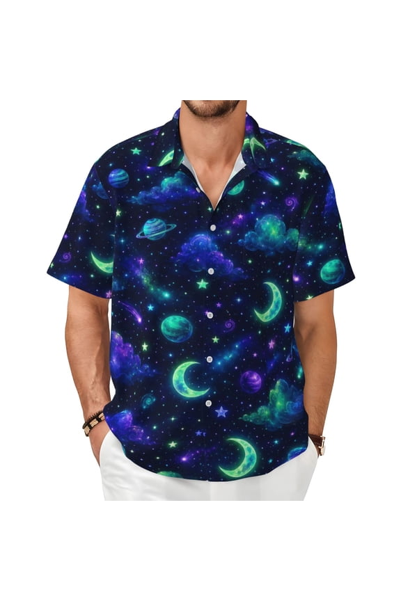 Neon Celestial Galaxy Men's Shirts Short-Sleeved with All-Over Prints Button-Up Shirts