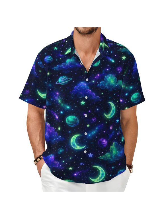 Neon Celestial Galaxy Men's Shirts Short-Sleeved with All-Over Prints Button-Up Shirts