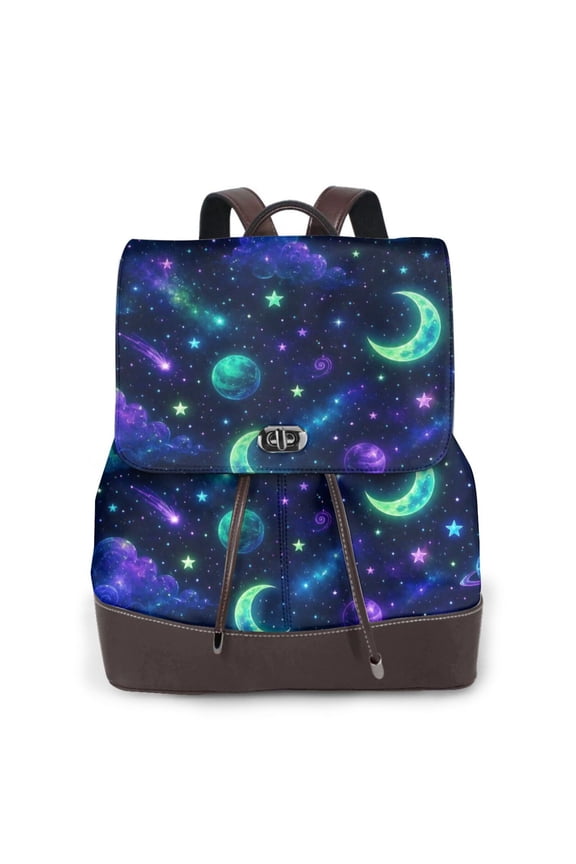 Neon Celestial Galaxy Women's Leather Backpack All-Over Print Bag for Work and Travel