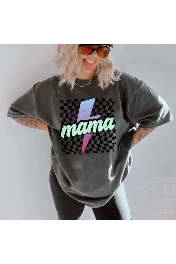 Neon Checkered Mama Lightning Bolt T-Shirt DARK HEATHER Unisex S-5XL Hot Trending Shirt