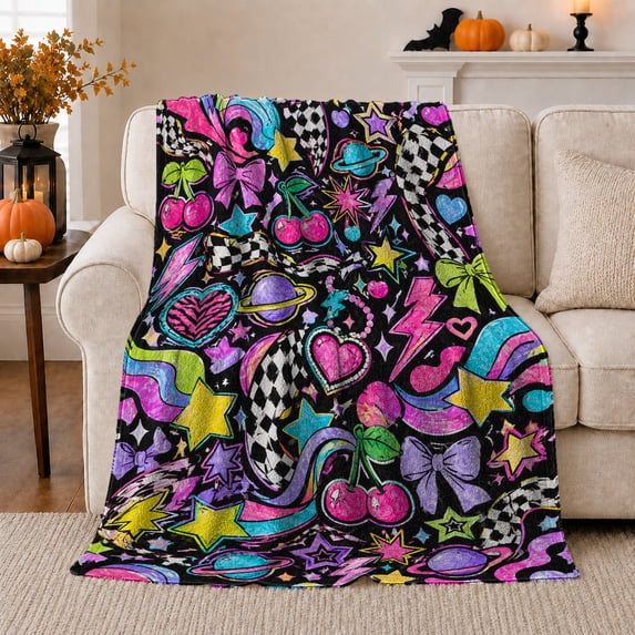 Neon Cherries Checker Stars Hearts Lightning and Planet Art, Warm Flannel Blanket, Home Decor for Teen Girls, Bedroom and Dorm, Birthday Gift, Bold Colorful Y2K Pattern