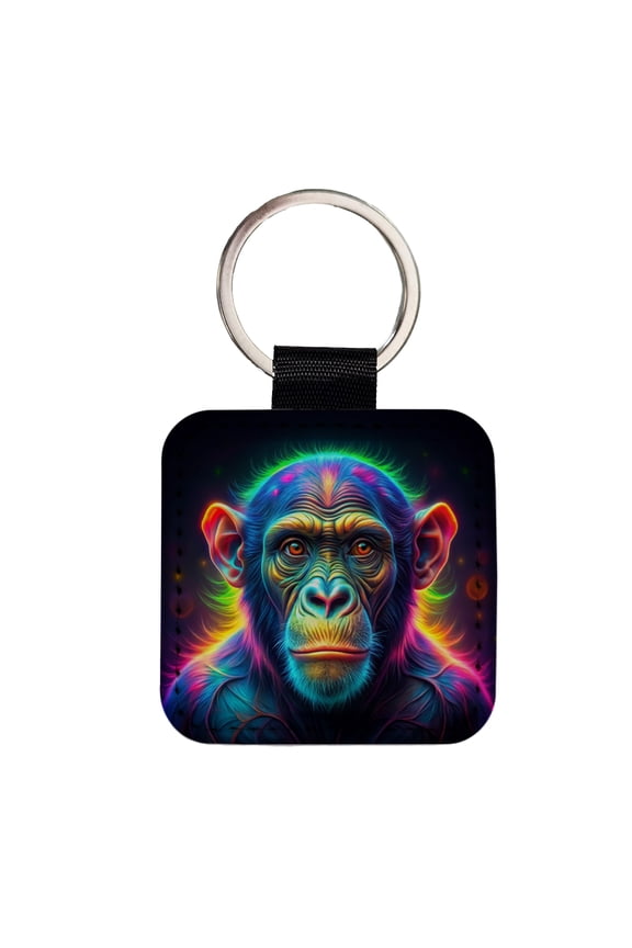 Neon Chimpanzee Monkey Faux Leather Square Keychain