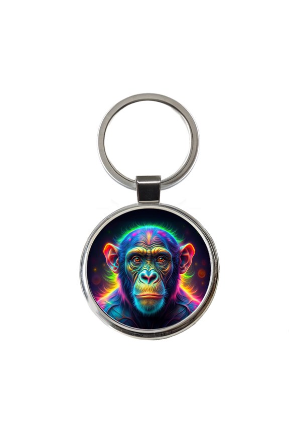 Neon Chimpanzee Monkey Metal Round Keychain