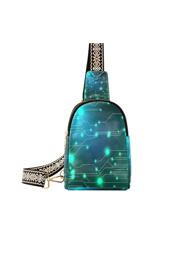 Neon Circuit Design Pattern Women's PU Leather Crossbody Bag, Dual Zipper Pockets, Adjustable Strap, Water Resistant