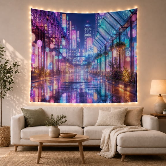 Neon City Alley Beneath Cascading Wisteria, Dreamy Anime for Gamers, Glowing Urban Night Decor, Housewarming Gift, Tapestry Wall Hanging for Bedroom and Gaming Room