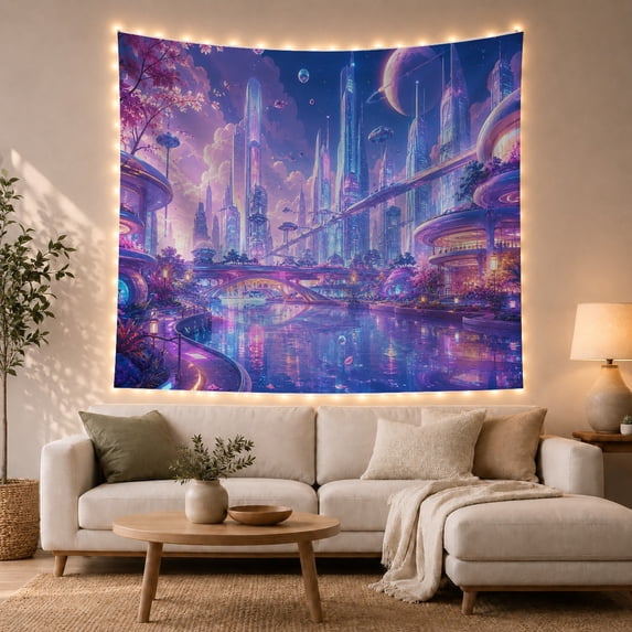 Neon City Beneath a Ringed Planet, Dreamy Fantasy for Space Lovers, Cityscape Wall Art, Housewarming Gift, Tapestry Wall Hanging for Bedroom, Gaming Room and Studio