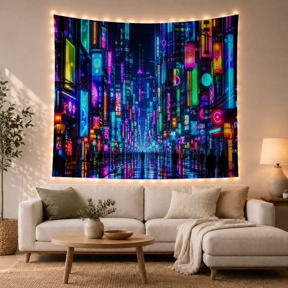 Neon City Crowds Along a Layered Sign-Lit Street, Moody Digital Art for Gamers, Urban Night Decor, Housewarming Gift, Tapestry Wall Hanging for Gaming Room and Studio