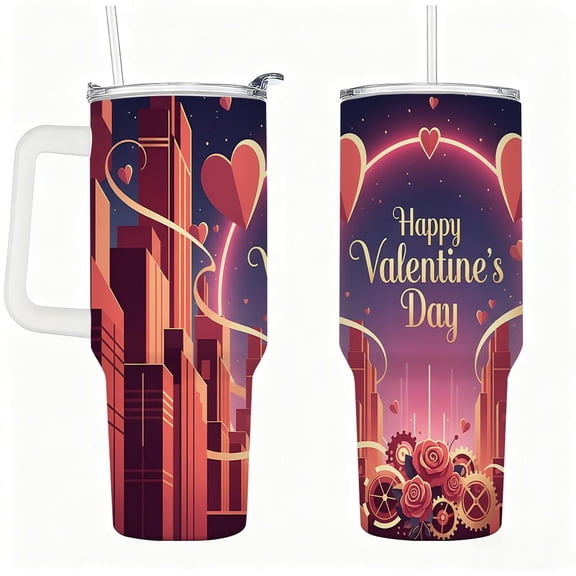 Neon City Love Scene Print Travel Tumbler with Handle & Leak-Proof Lid, Hot Cold Stainless Steel Cup for Valentine Gifts