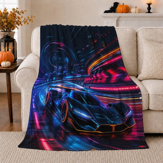 Neon City Night Glowing Sports Car Futuristic Cyberpunk, Festive Holiday Scene, Warm Flannel Blanket for Living Room and Family Room, Art Lovers Valentine's Day Gift, Festive Home Decor