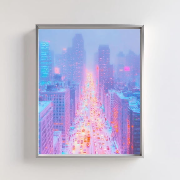 Neon Cityscape Print Futuristic Winter City Lights Urban Skyline Decor Abstract New York City Street Light Wall Art Modern Wall Decor Art