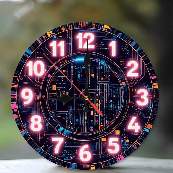 Neon Clock Circuit Board Wall Clock Home Decor 10-Inch Silent Wooden Wall Clock, Battery Operated (AA Batteries Not Included), Artistic Home Decor