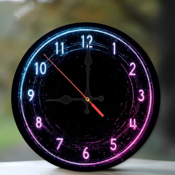 Neon Clock Glowing Circle Digital Wall Decor Art Print 10-Inch Silent Wooden Wall Clock, Battery Operated (AA Batteries Not Included), Artistic Home Decor