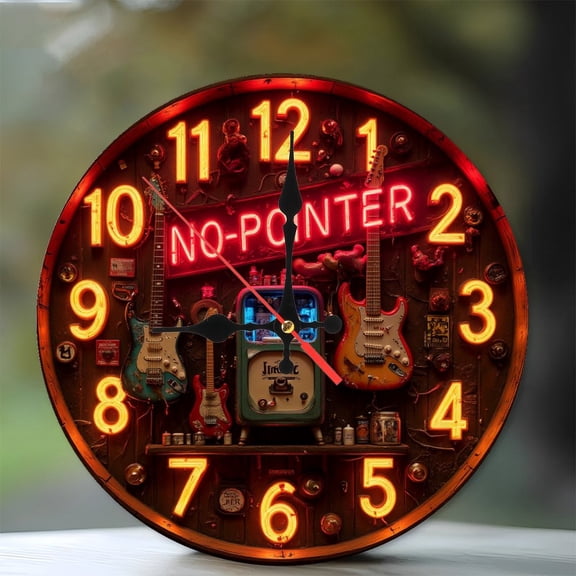 Neon Clock Guitar Bar Sign Wall Art 10-Inch Silent Wooden Wall Clock, Battery Operated (AA Batteries Not Included), Artistic Home Decor