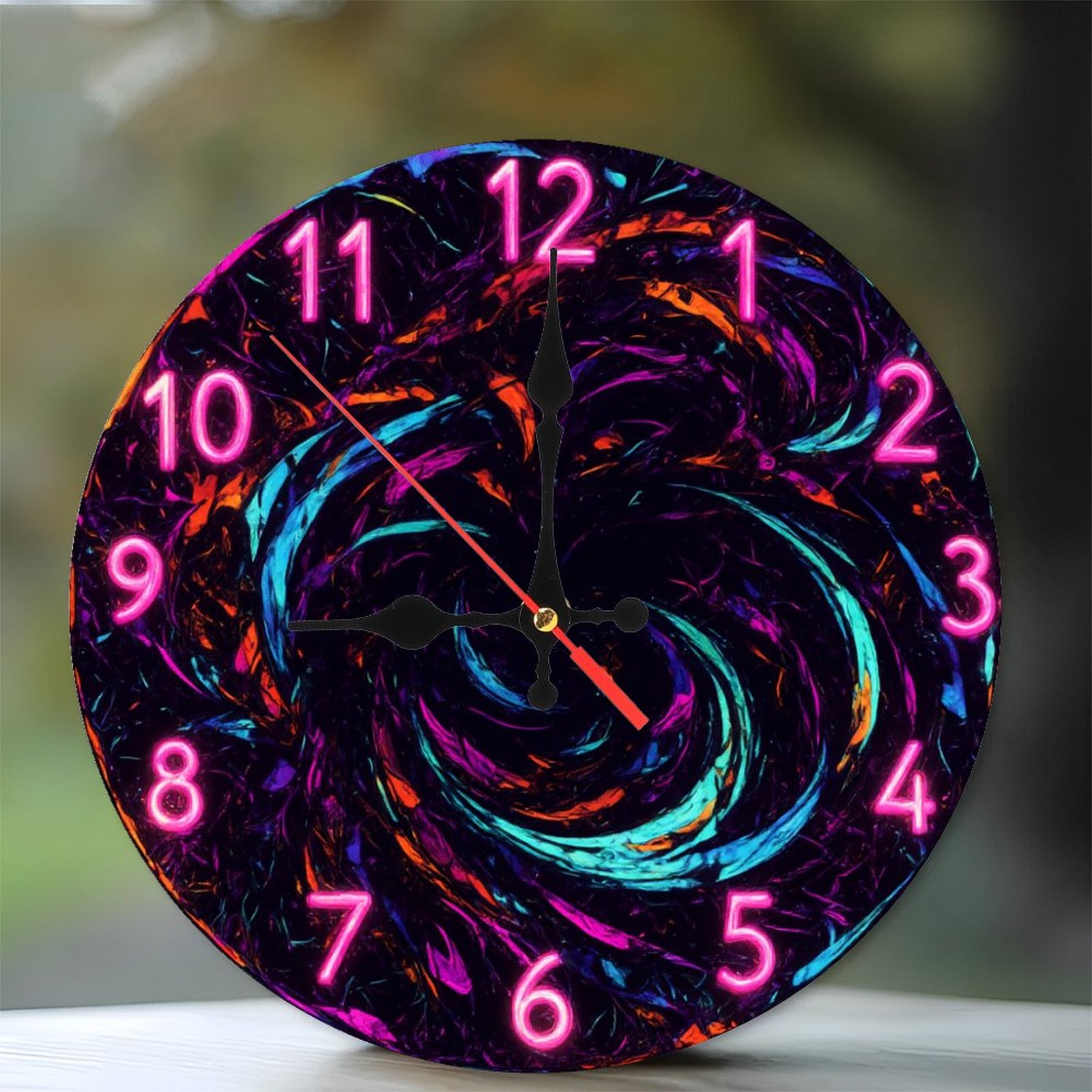 Neon Clock Psychedelic Swirl Wall Art Home Decor 10-Inch Silent Wooden ...