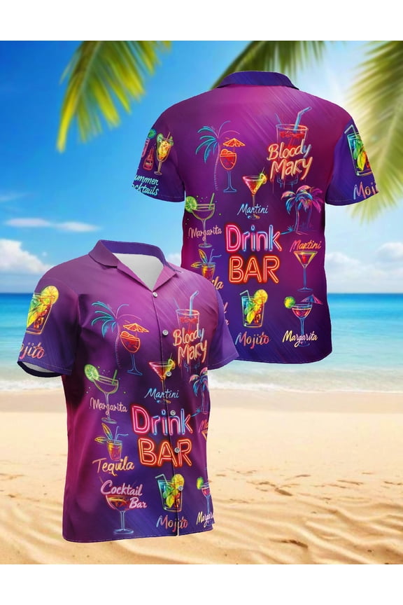 Neon Cocktail Hawaiian Shirt for Men, Button Down Summer Beach Short Sleeve, Tropical Bar Style, S-5XL
