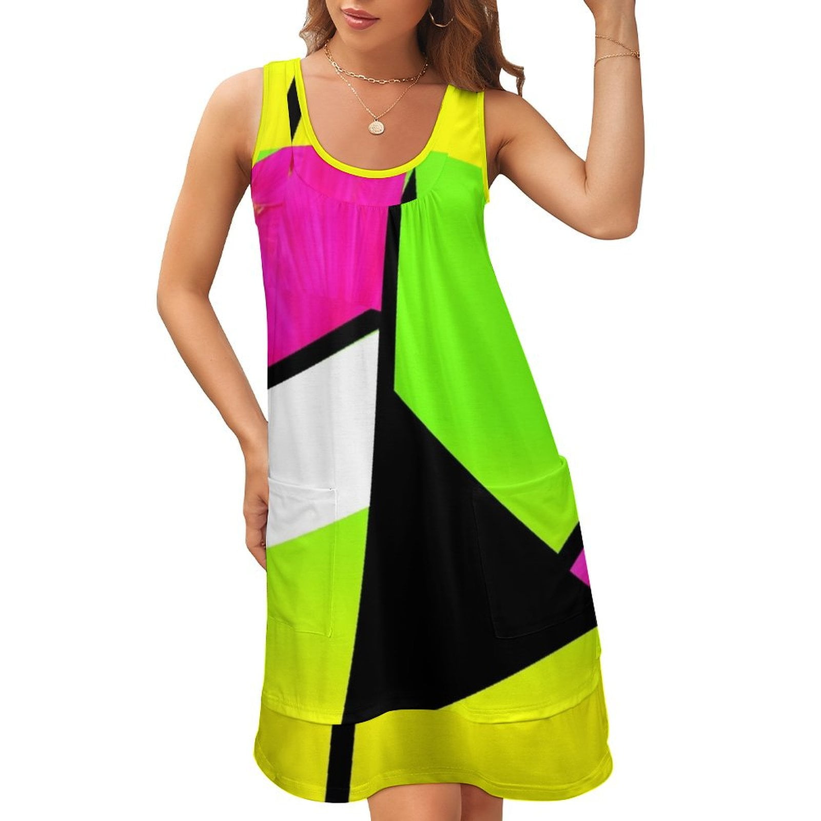 two piece neon dress Neon Color Blocking Sleeveless U-Neck Fake Two Piece Dress women evening dress  dresses for women luxury designer party