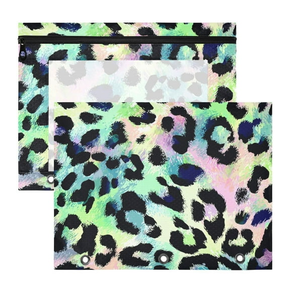 Neon Colored Leopard Skin 3-Ring Binder Pouches A4 Size Zipper Pocket File Storage 2 Packs