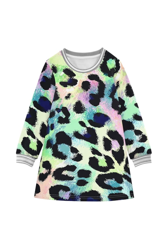 Neon Colored Leopard Skin Long-sleeved Dress A-line One-Piece Dress for 2-8 Years Casual Party 5-6Y