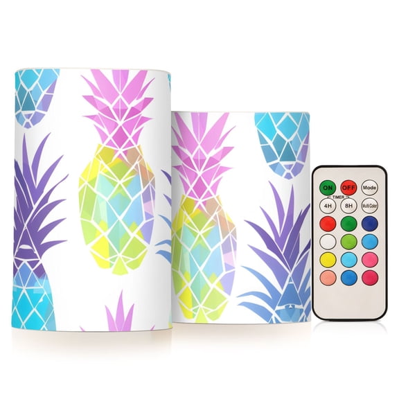 Neon Colored Pineapples Flickering Flameless Candles LED Tealight Battery Operated with Remote Set of 2 Holiday Decor Ornaments