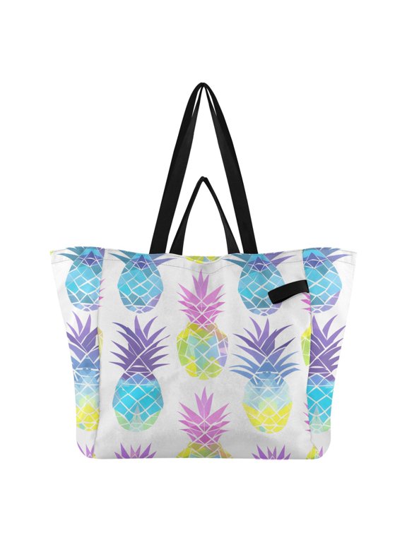 Neon Colored Pineapples Foldable Canvas Tote Bags Reusable Grocery Bags Laundry Bags Beach Bag 32L