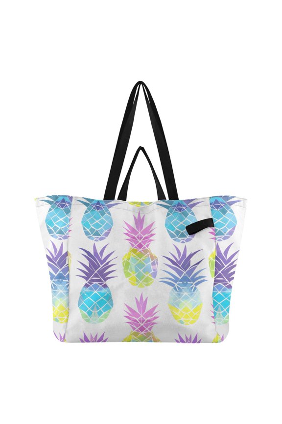 Neon Colored Pineapples Foldable Canvas Tote Bags Reusable Grocery Bags Laundry Bags Beach Bag 32L
