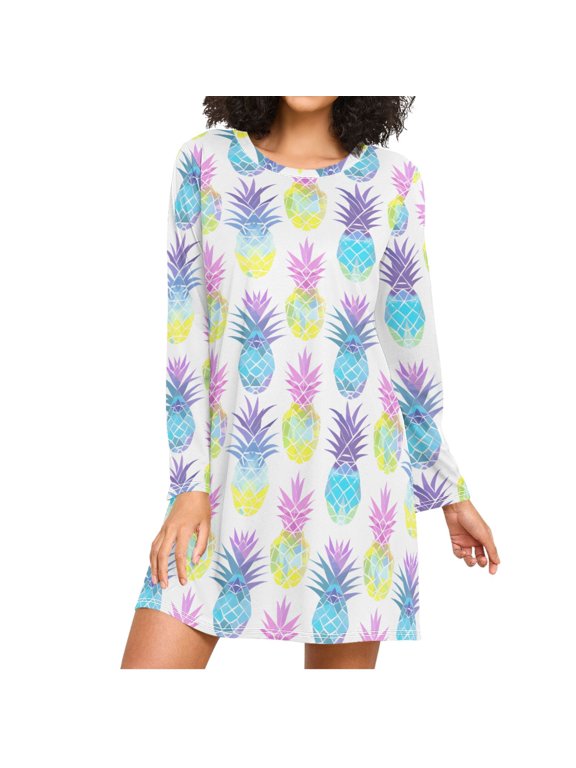 Neon Colored Pineapples Women's Long Sleeves Nightgowns Sleepwear Soft Pajama A-line Sleep Dress XXL