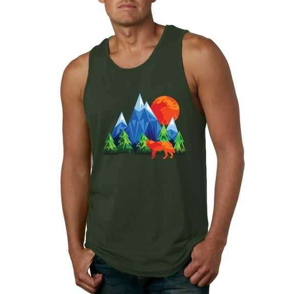 Neon Colorful California Bear Sunset Cali Redwoods | Mens Fashion Graphic Tank Top, Forest Green, Medium