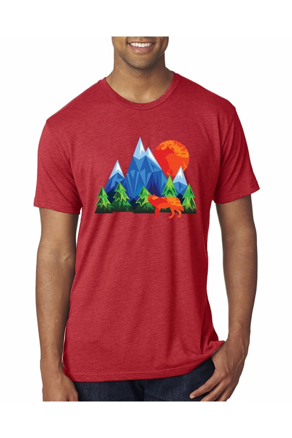 Neon Colorful California Bear Sunset Cali Redwoods | Mens Fashion Premium Tri Blend T-Shirt, Vintage Red, Medium