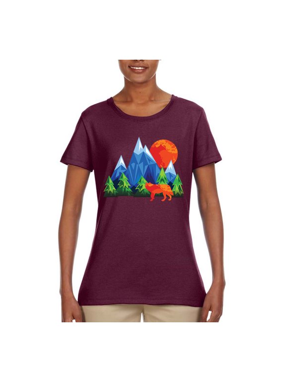 Neon Colorful California Bear Sunset Cali Redwoods | Womens Fashion Graphic T-Shirt, Maroon, Small